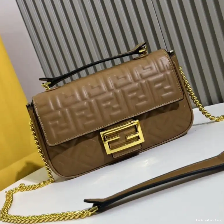 Cheap Chain Fendi FF Midi Bag Nappa In Motif Leather Brown Baguette 0609